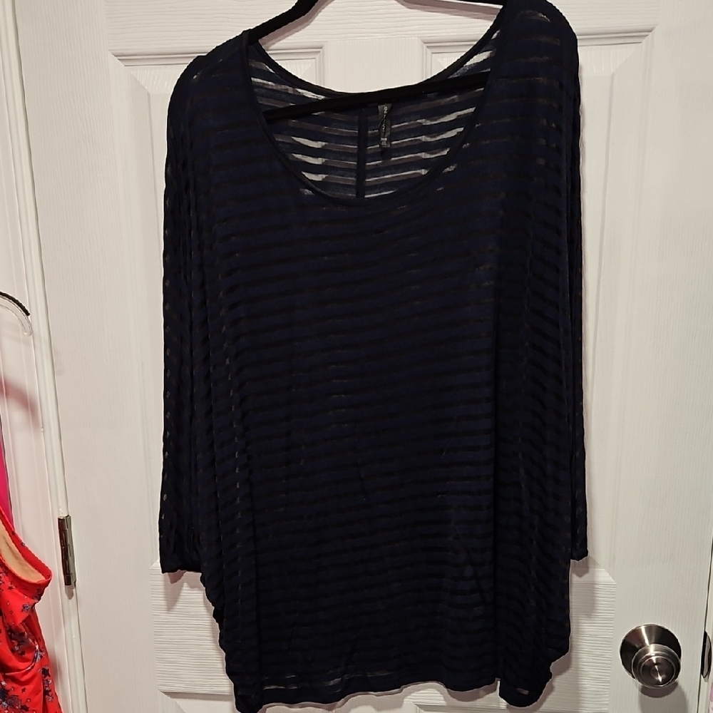 Lane Bryant Navy Sheer Striped Blouse
